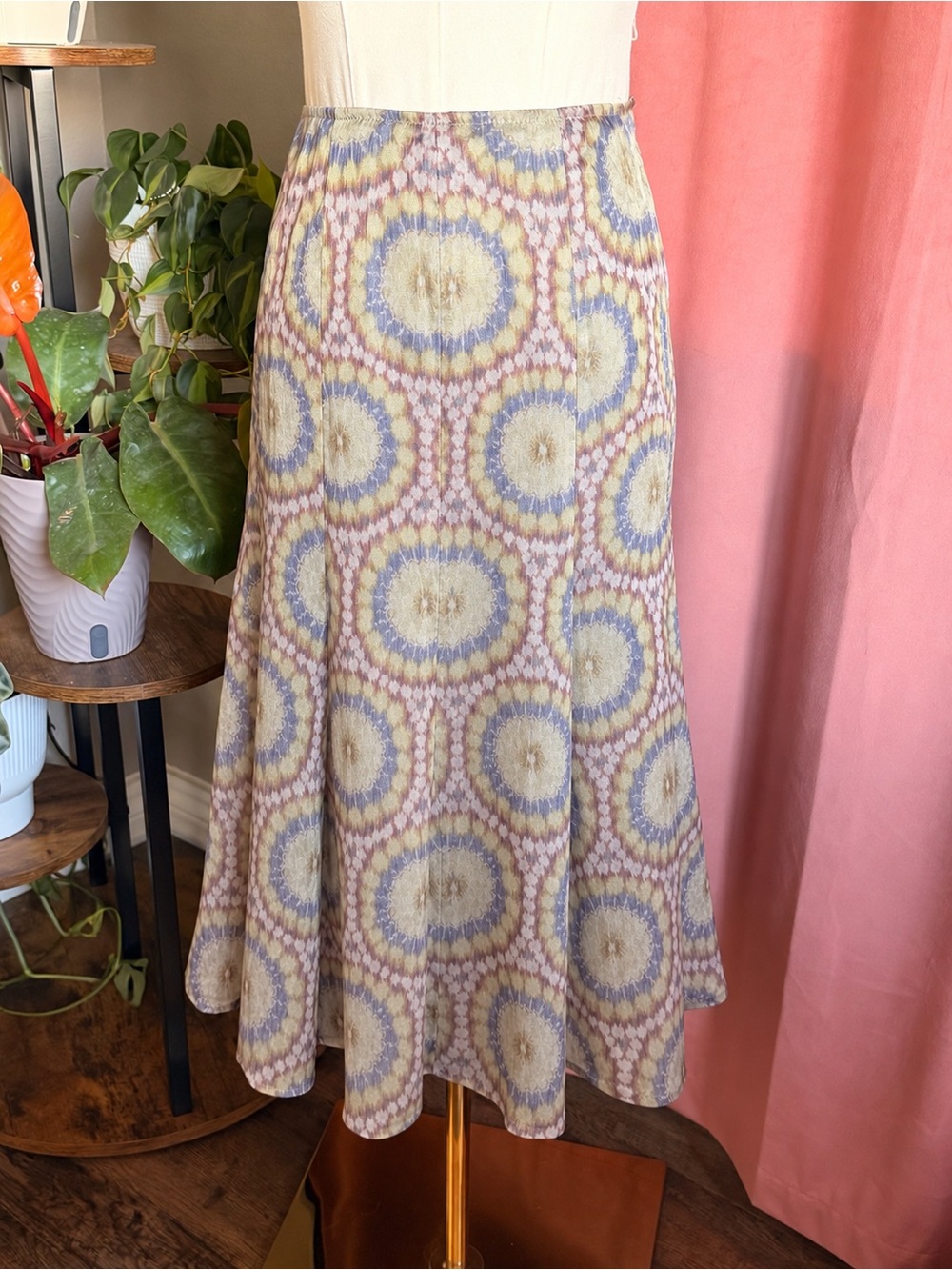 Vintage Boho Pastel Tie-Dye Silk Midi Skirt With Sparkly Sheen